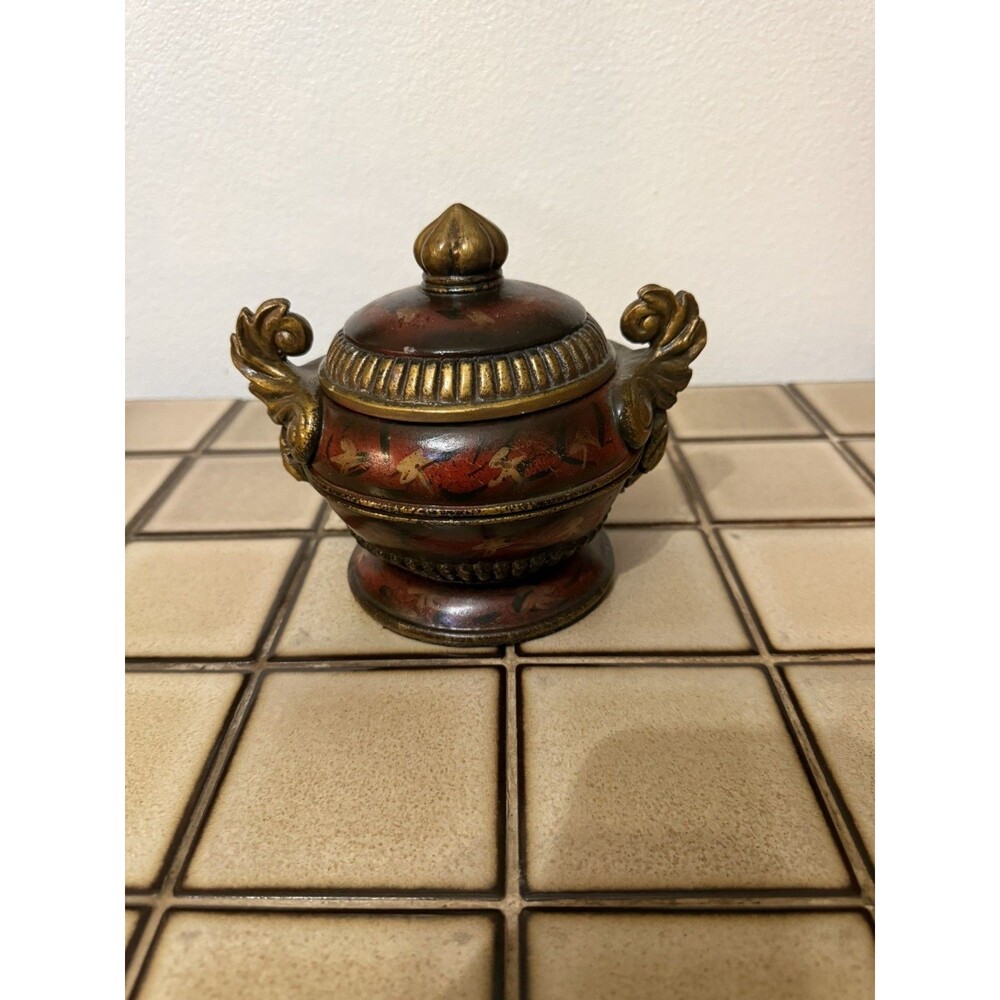 Vintage Resin Lidded Urn Trinket Box Red Gold Ornate Scroll Handles Asian Decor